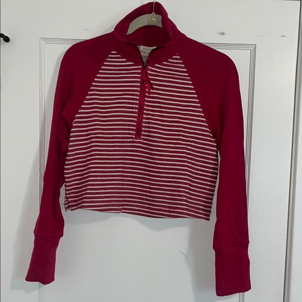 NWT Anthropologie (Pilcro) pink and White Striped Quarter-Zip Pullover, cropped